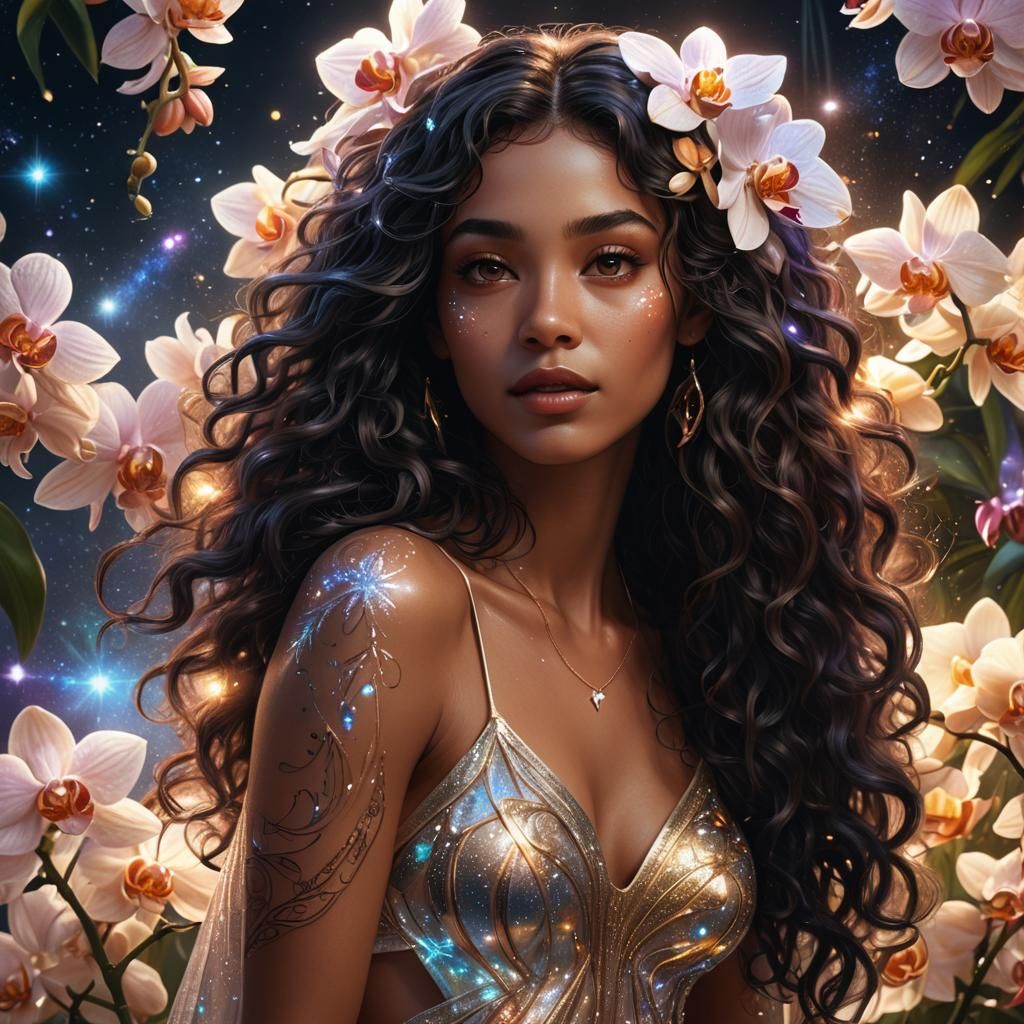 Holographic Woman with Celestial Glow: Mixed Media Illustrat...