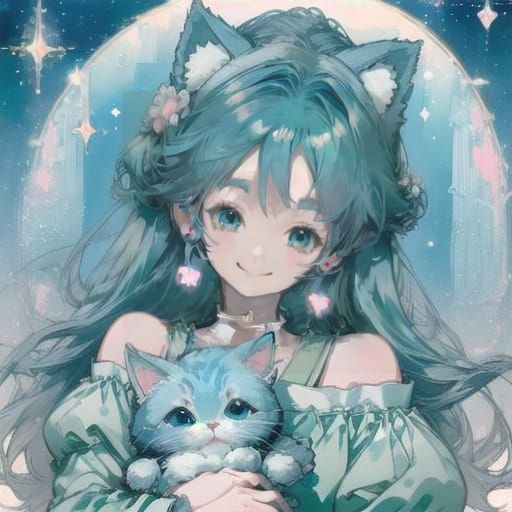 Charming Anime Girl with Blue Hair and Kitten Ears Smiles Br...