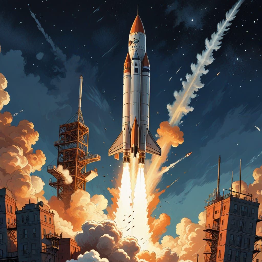 Retro Rocket Liftoff in Cartoon Style