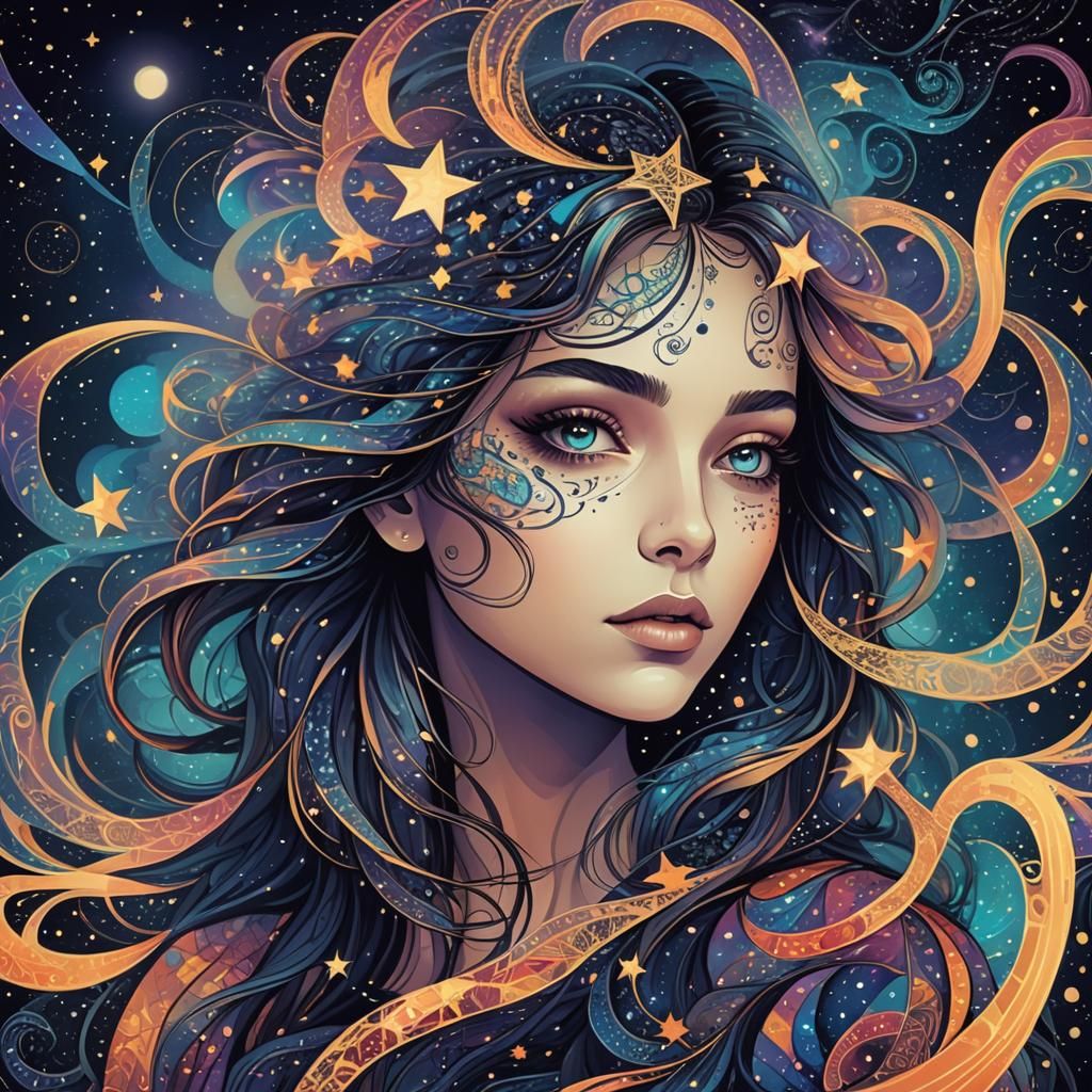 Cosmic Woman: Psychedelic Portrait with Starry Background