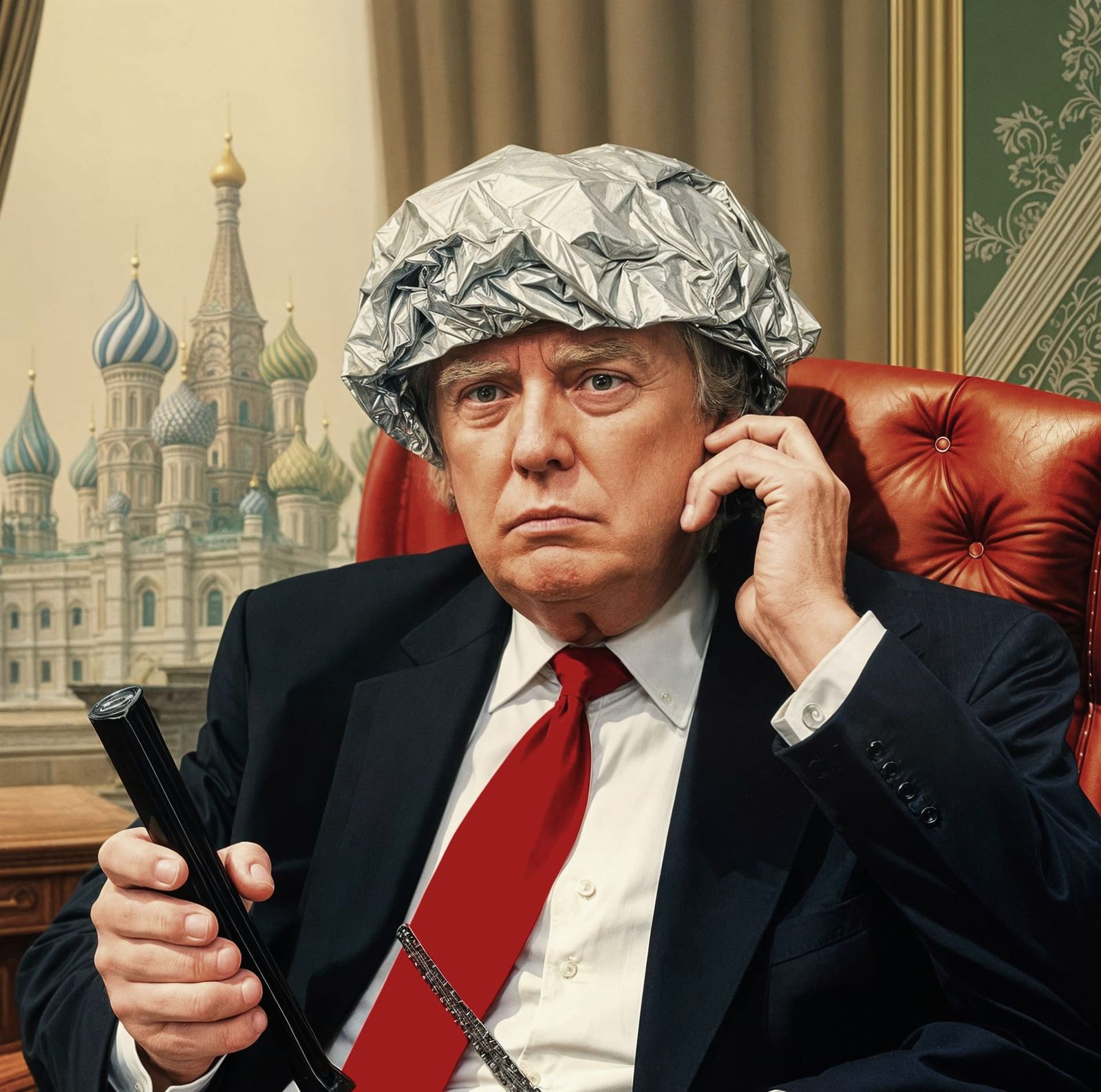 Donald Trump covers his head with aluminium tin foil as he listens in to a secret call between Putin and Xi...