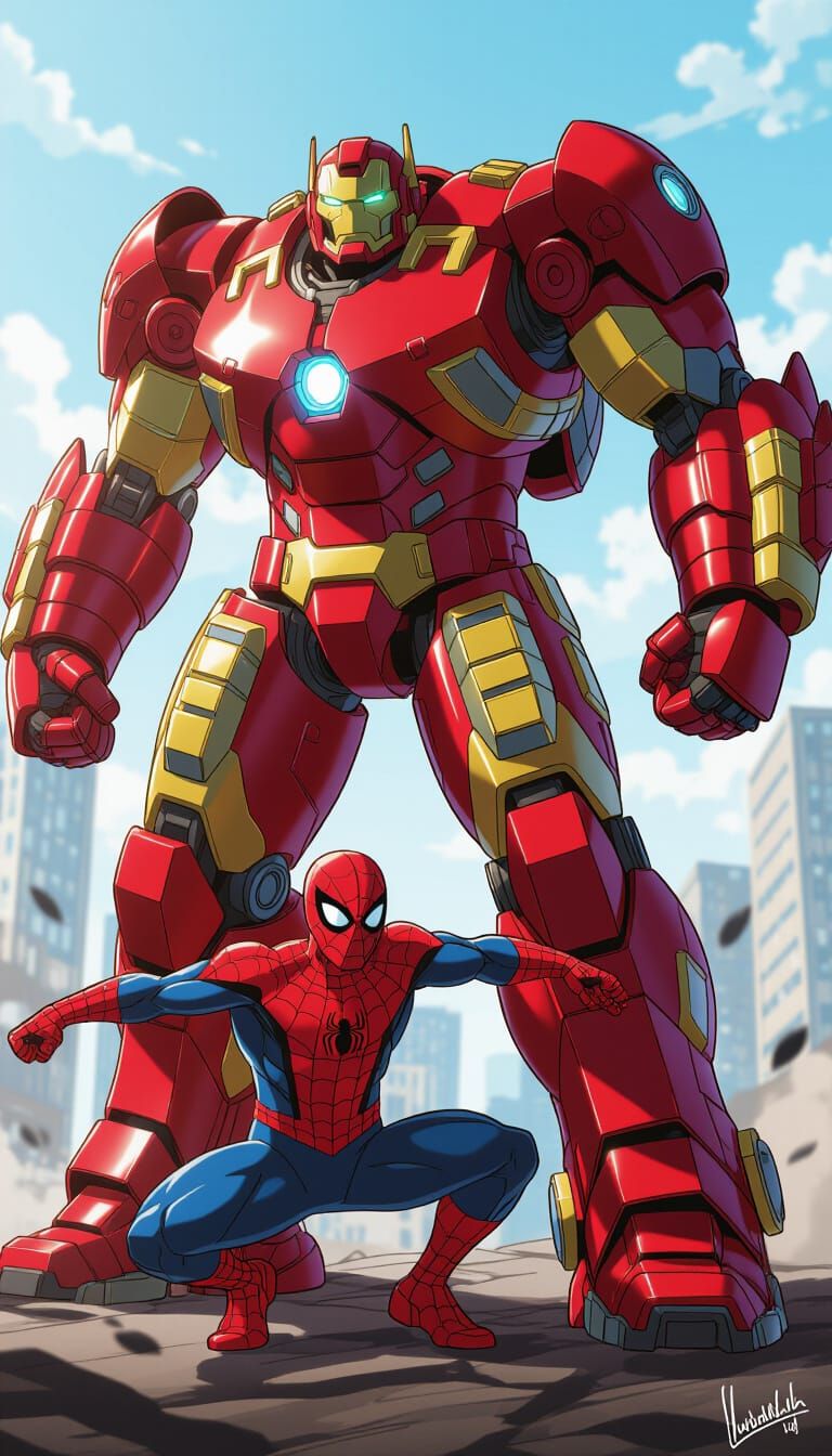 Hulkbuster and Spiderman in Anime Manga Style