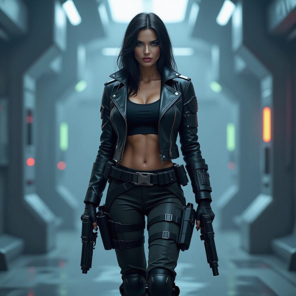 Alien Bounty Hunter in High-Tech Environment