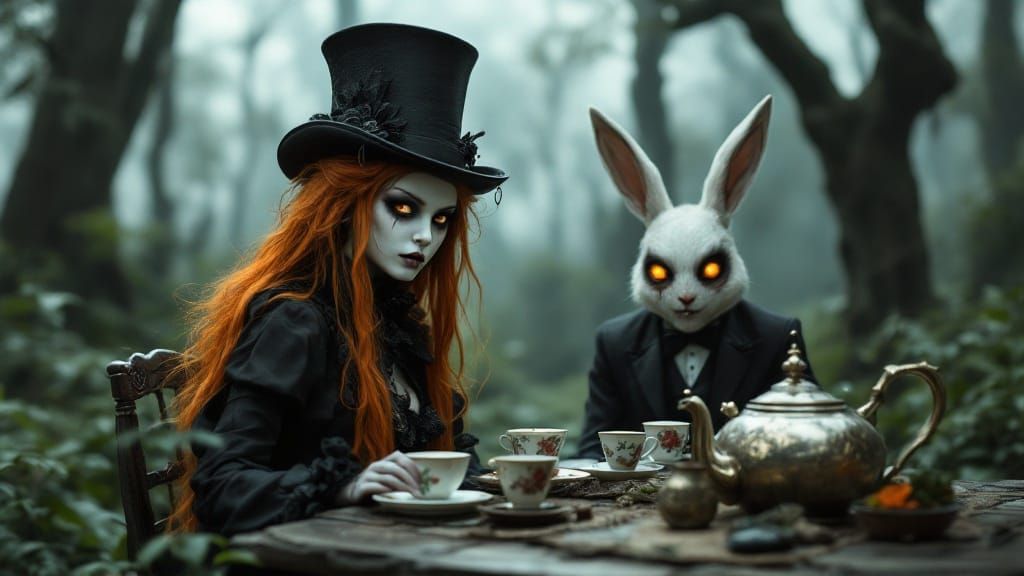 Eerie Tea Party in Dark Fantasy Realism