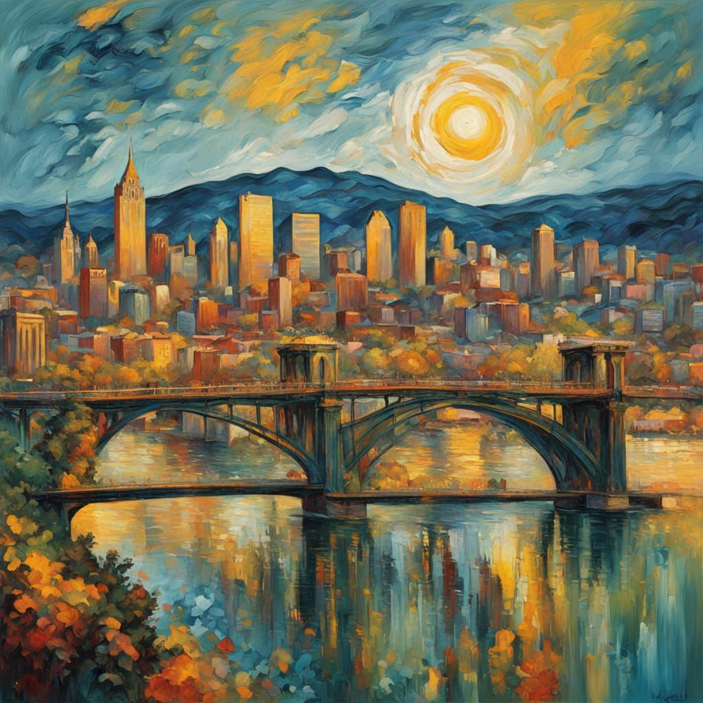 Vibrant Pittsburgh Cityscape in Neo-Impressionist Style