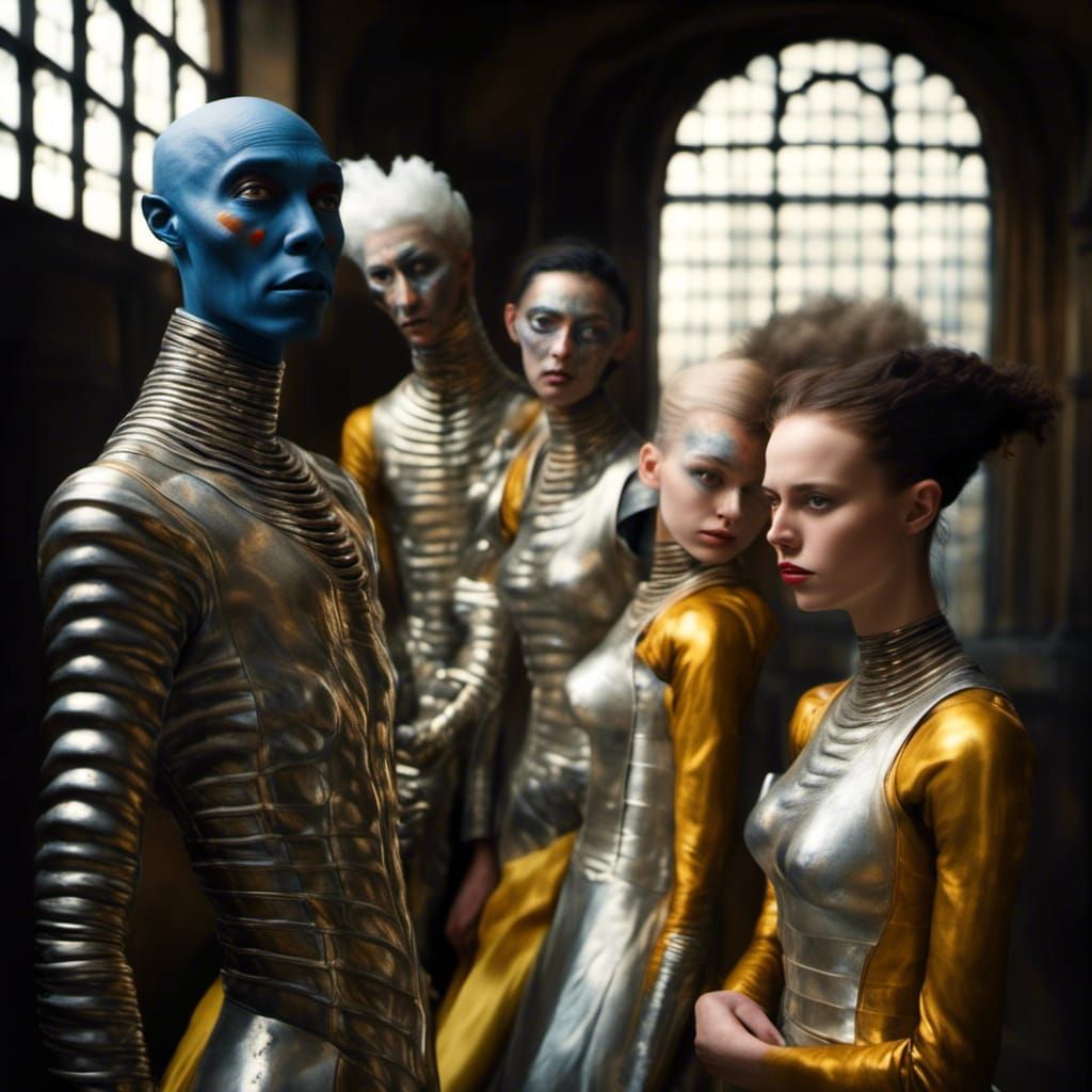 Historical Characters Party with Aliens in Hyperrealism