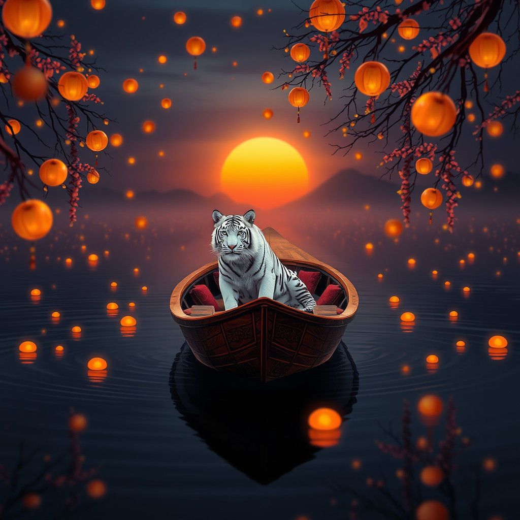 Black Lake Gondola with White Tiger, Matte Painting