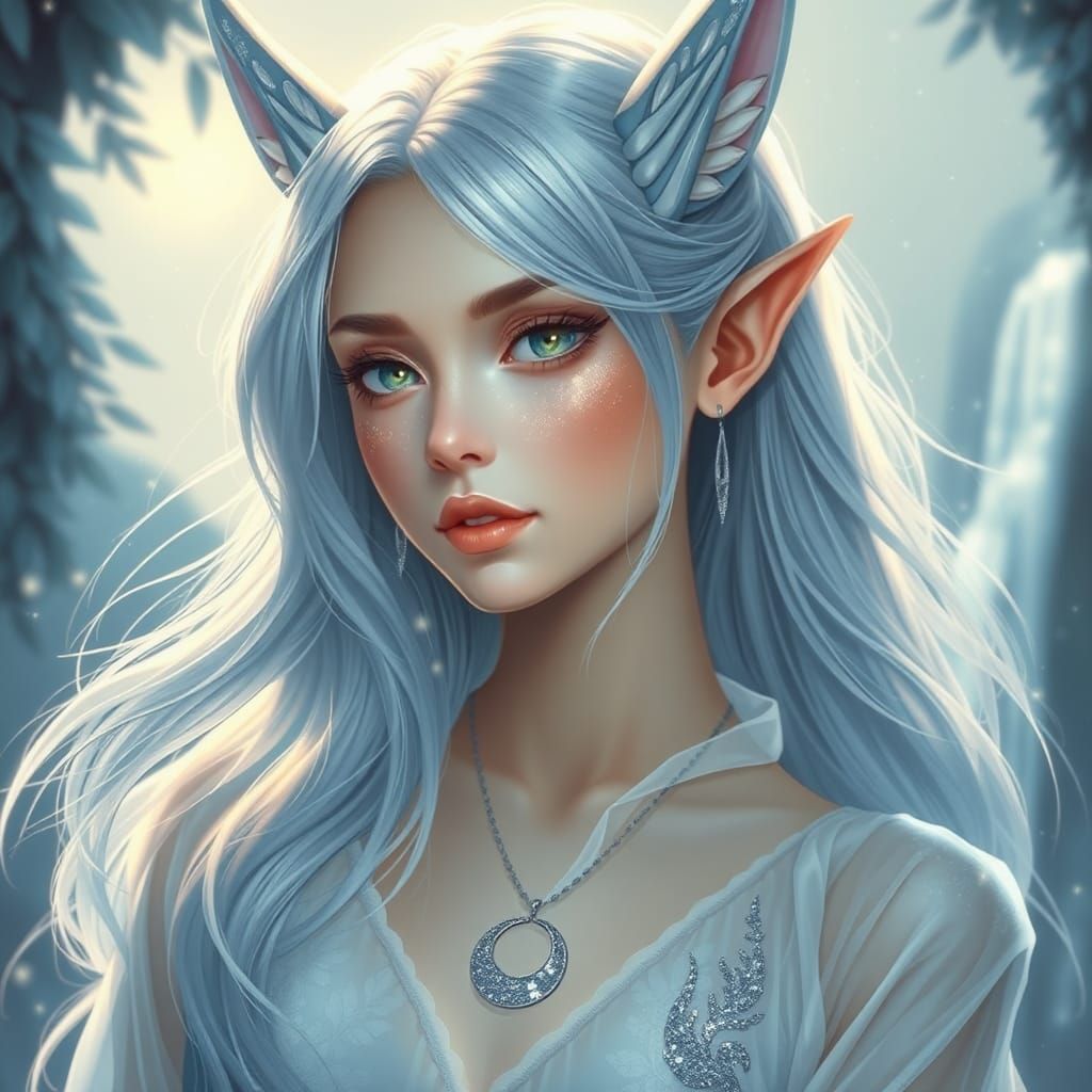 "A beautiful representation of a woman with tall viera-like ears, long flowing silver-blue hair that seems to shimmer un...