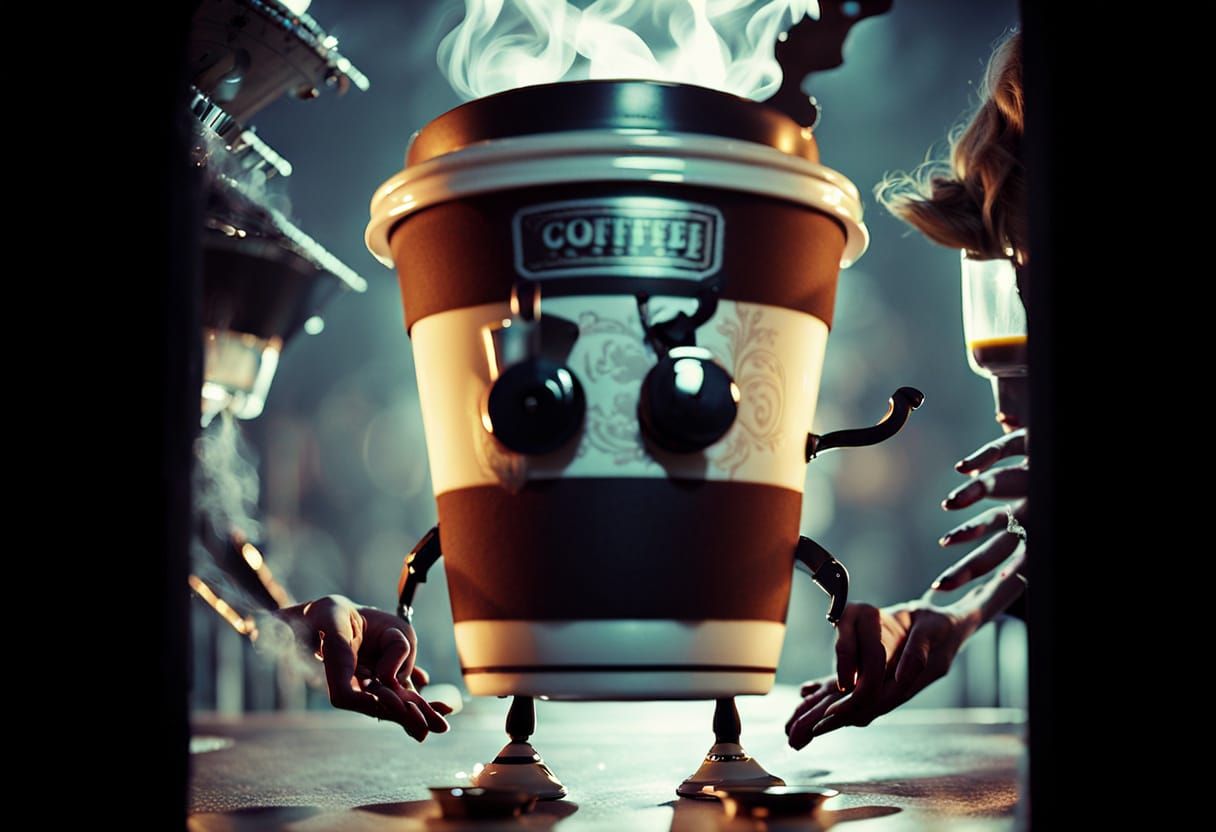 Film Noir Woman Sips Coffee in Mysterious Coffee Shop Ambian...