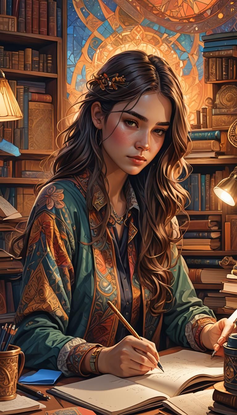 Cozy Office: Woman Writing, Art Nouveau Digital Art