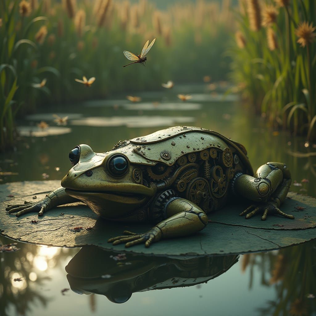 Mechanical Frog-Sloth Hybrid in Steampunk Pond Landscape