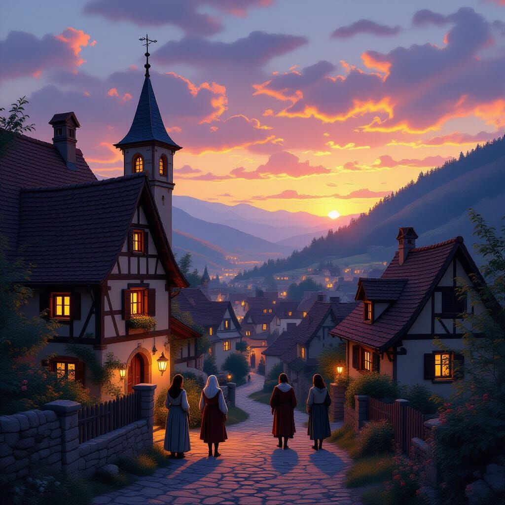 Medieval Village Sunset: Alphonse Mucha and Artgerm Style