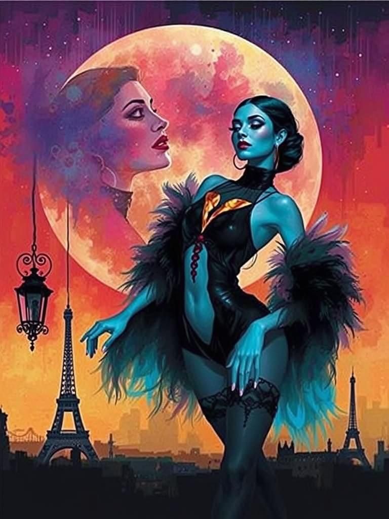 Cabaret Dancer Silhouette in Paris Night, Comic Art