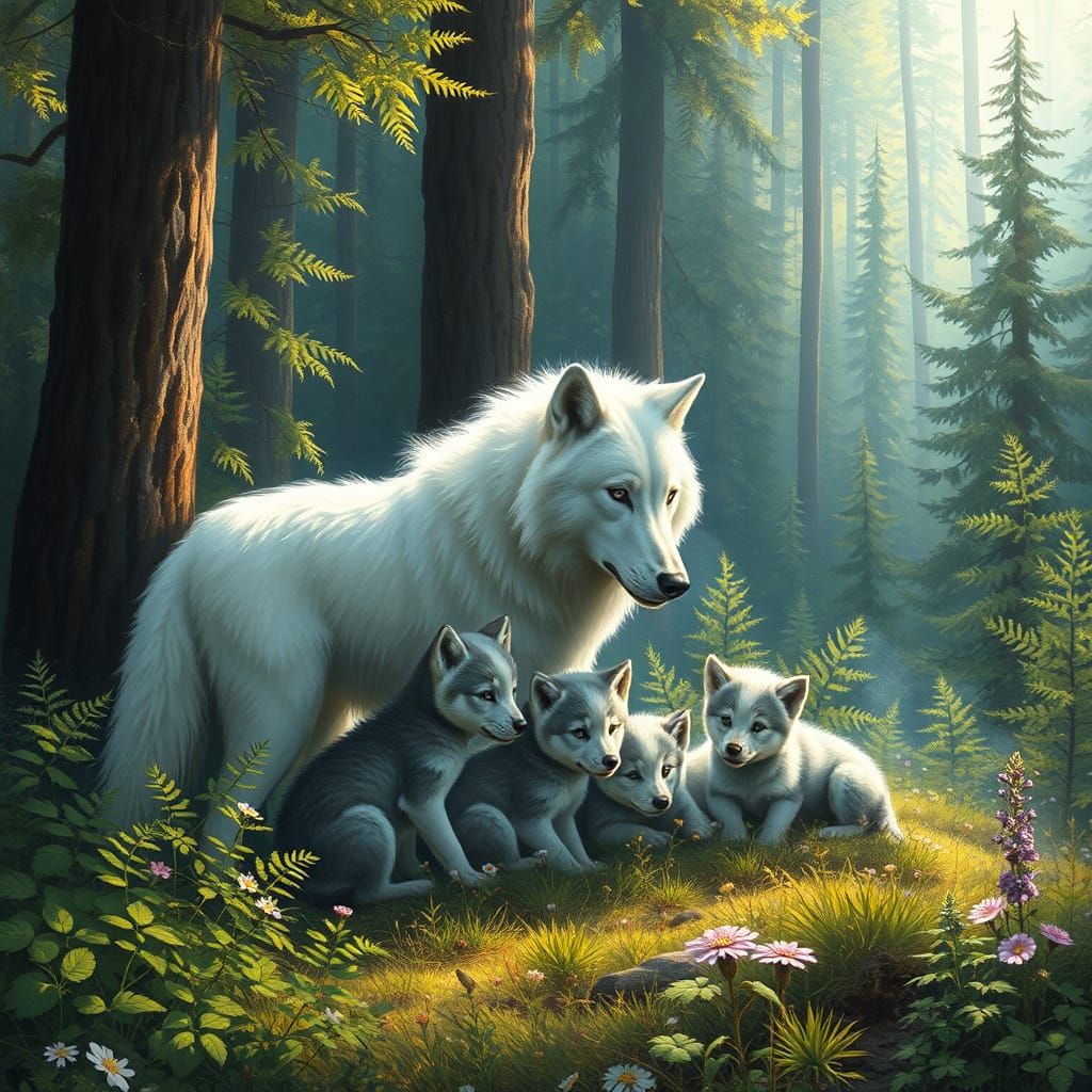 Majestic White She-Wolf Watches Over Adorable Wolf Cubs in W...