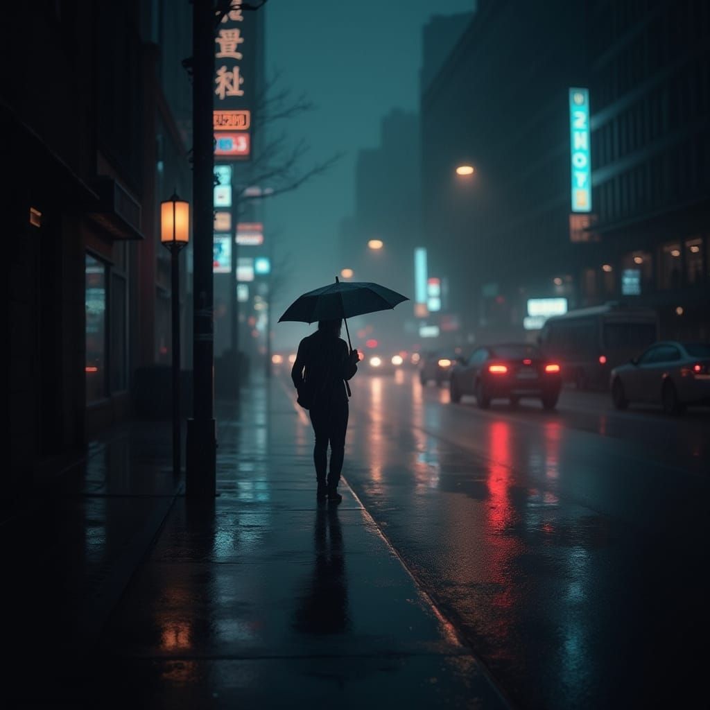 Rainy City Street at Night in Dark Mode