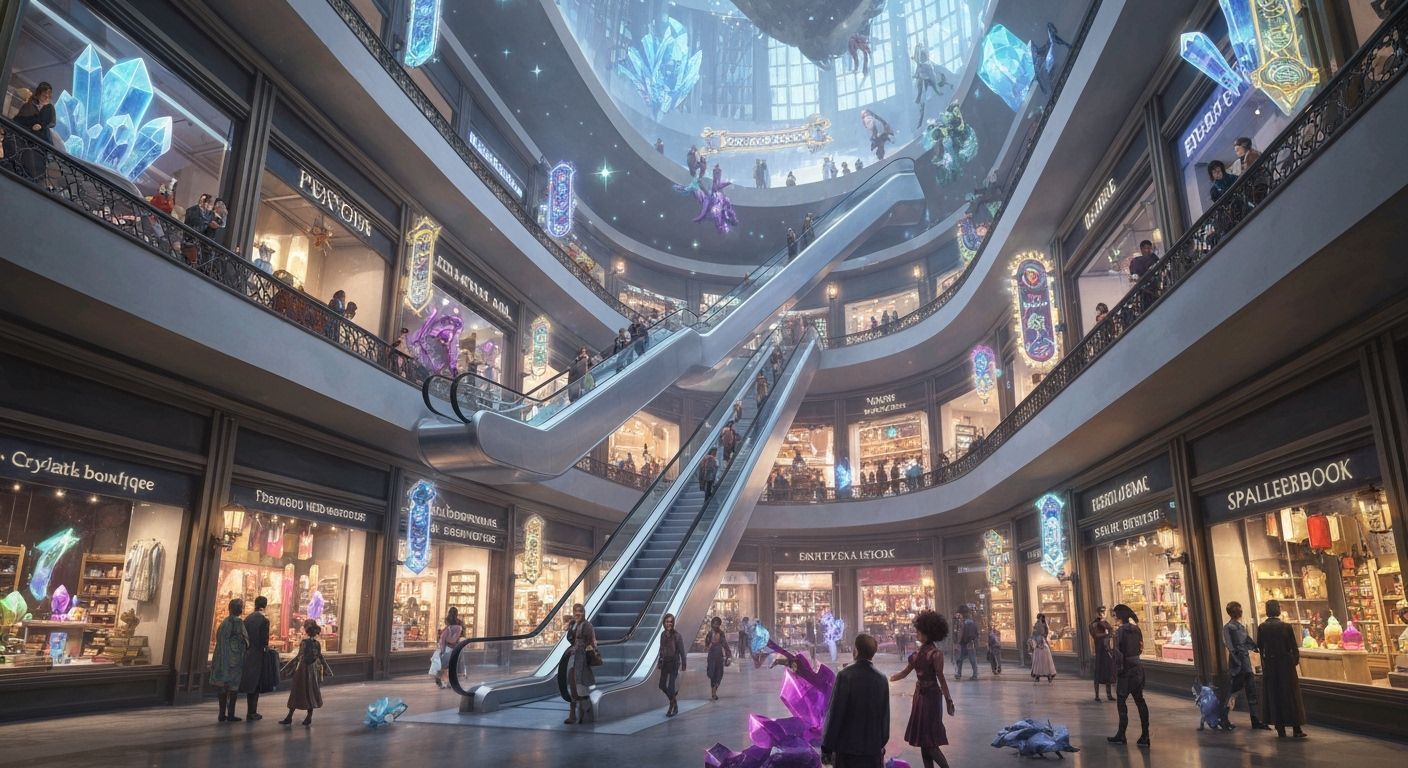 Enchanted Mall with Floating Escalators and Magical Shoppers