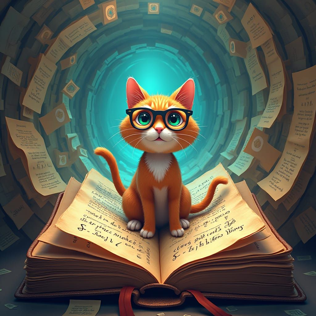 Bespectacled Cat Reading a Book in Cartoon Style