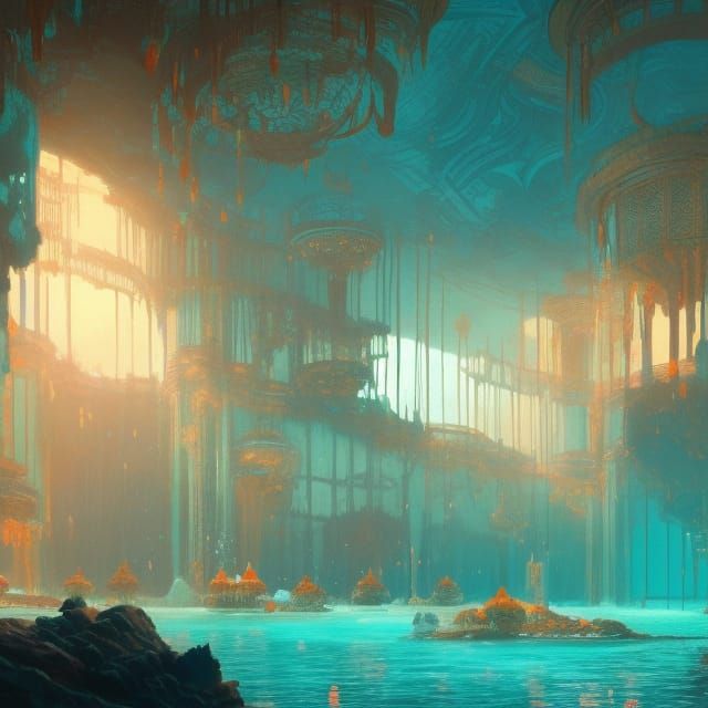 Fantastical Underwater Palace in Gouache Style