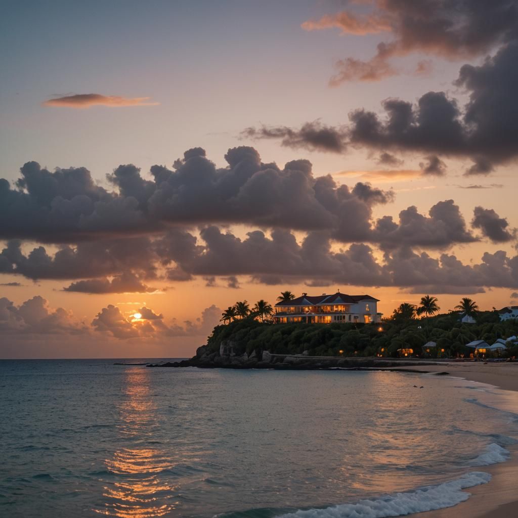 Caribbean Estate Sunset: Photorealistic Ocean View