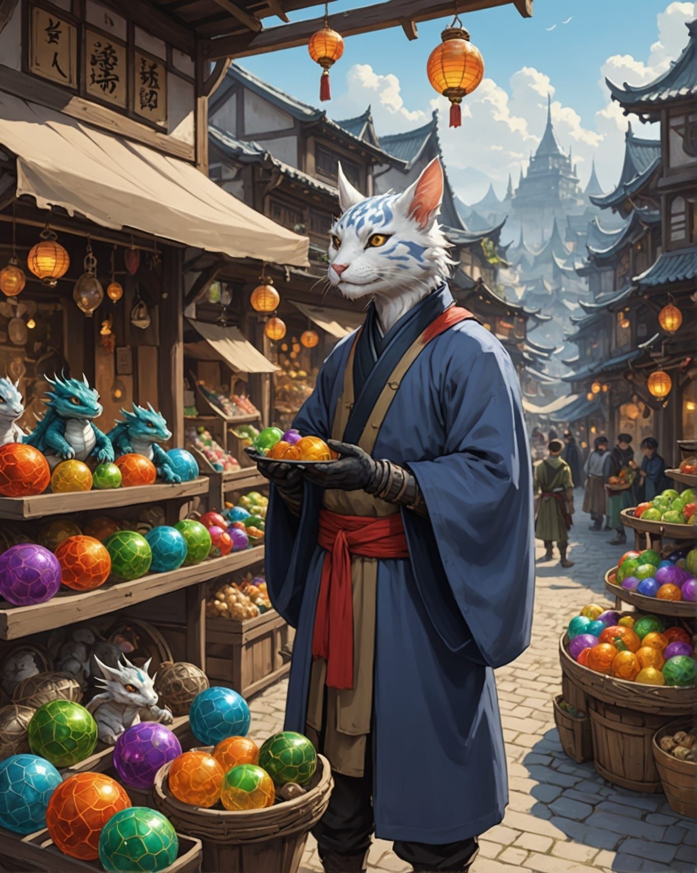 Fantasy Cat Merchant Selling Micro Dragons