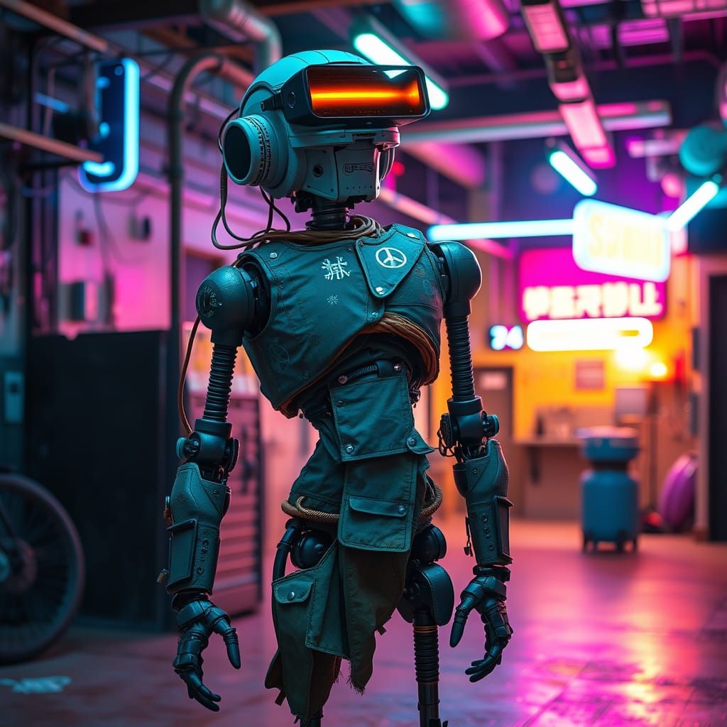 Cyberpunk Robot Abandoned in Neon-Drenched Garage