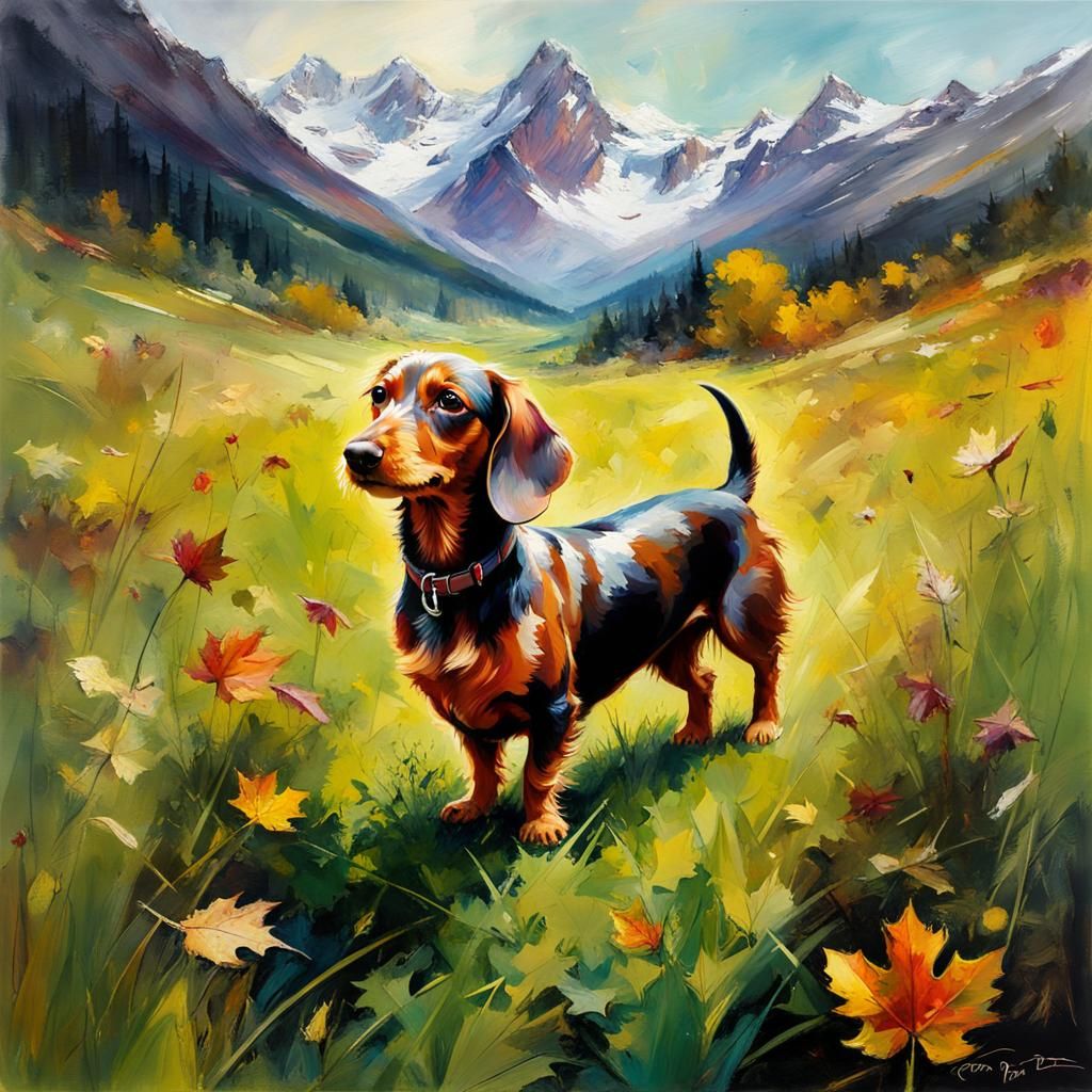 Joyful Dachshund in Autumn Meadow, Oil Painting