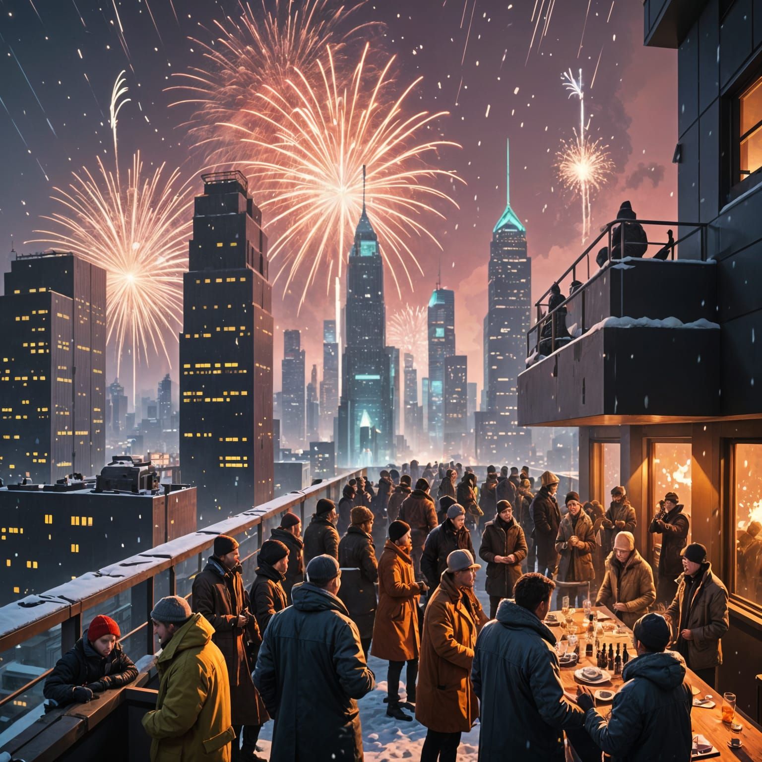 Rooftop New Year's Eve Celebration in Neon-Lit Cityscape