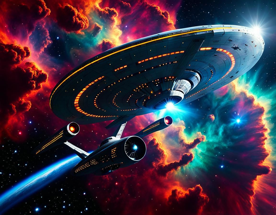 Starship Enterprise Flying Through Colorful Nebula