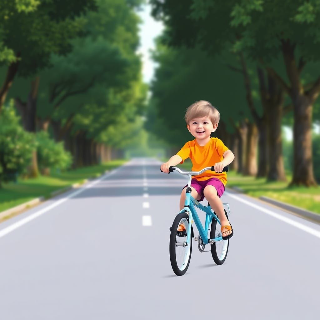 Child's Joyful Bike Ride in Lush Greenery