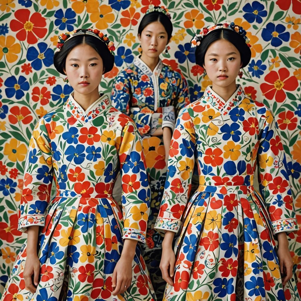 South Korean Sisters in 17th Century France wearing Matisse patterned Hanae Mori dresses.