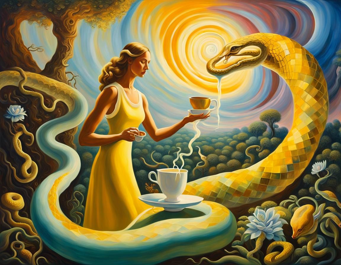 Eve in Eden Feeds Snake: Surrealist Oil Painting