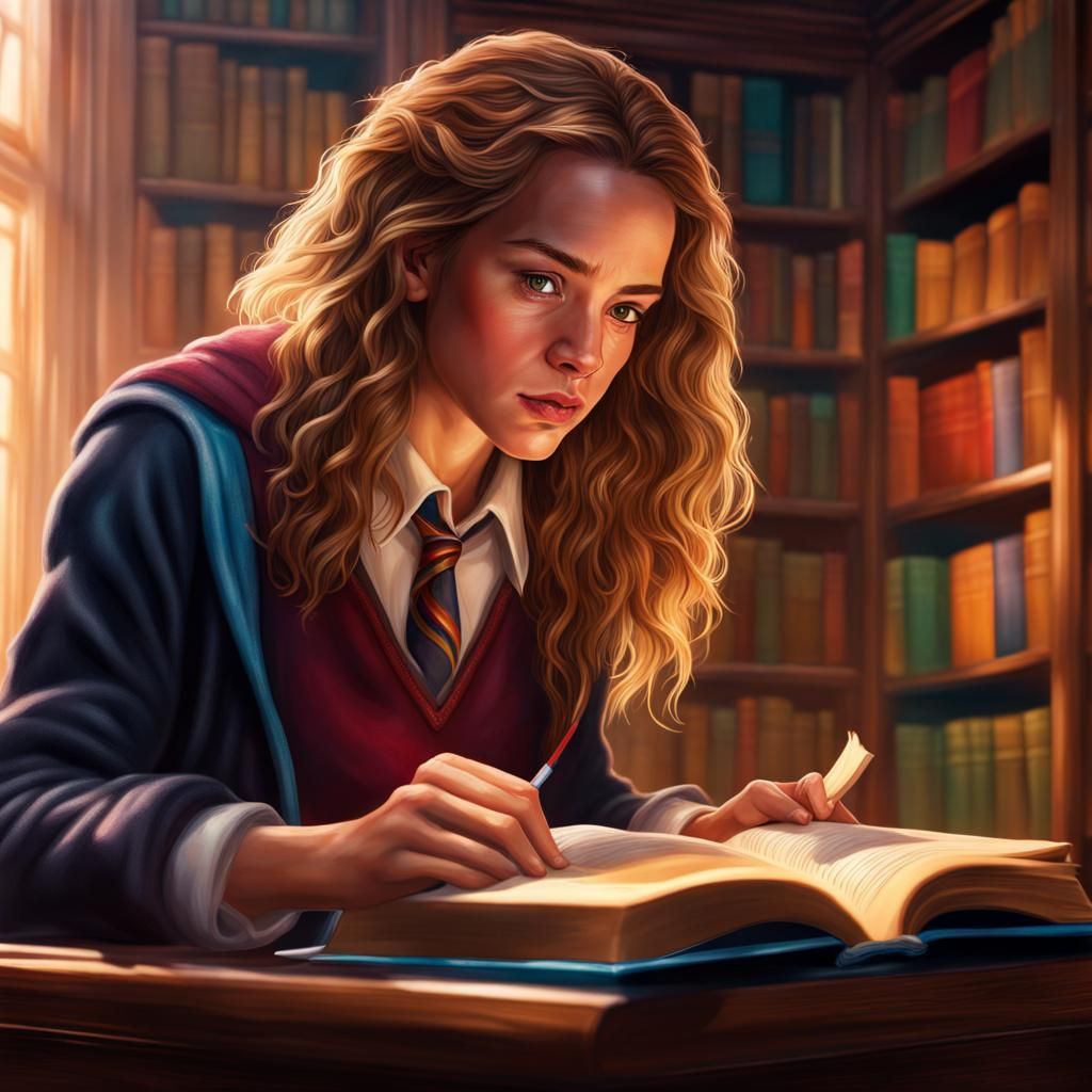 Hermione Granger Reading: Hyperrealistic Library Scene