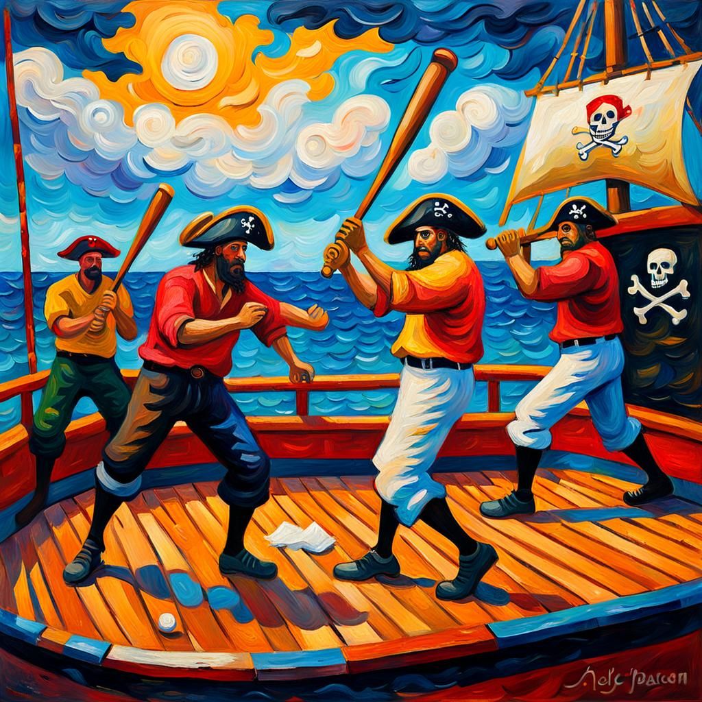 Pirates Play Baseball: Neo-Impressionist Oil Painting