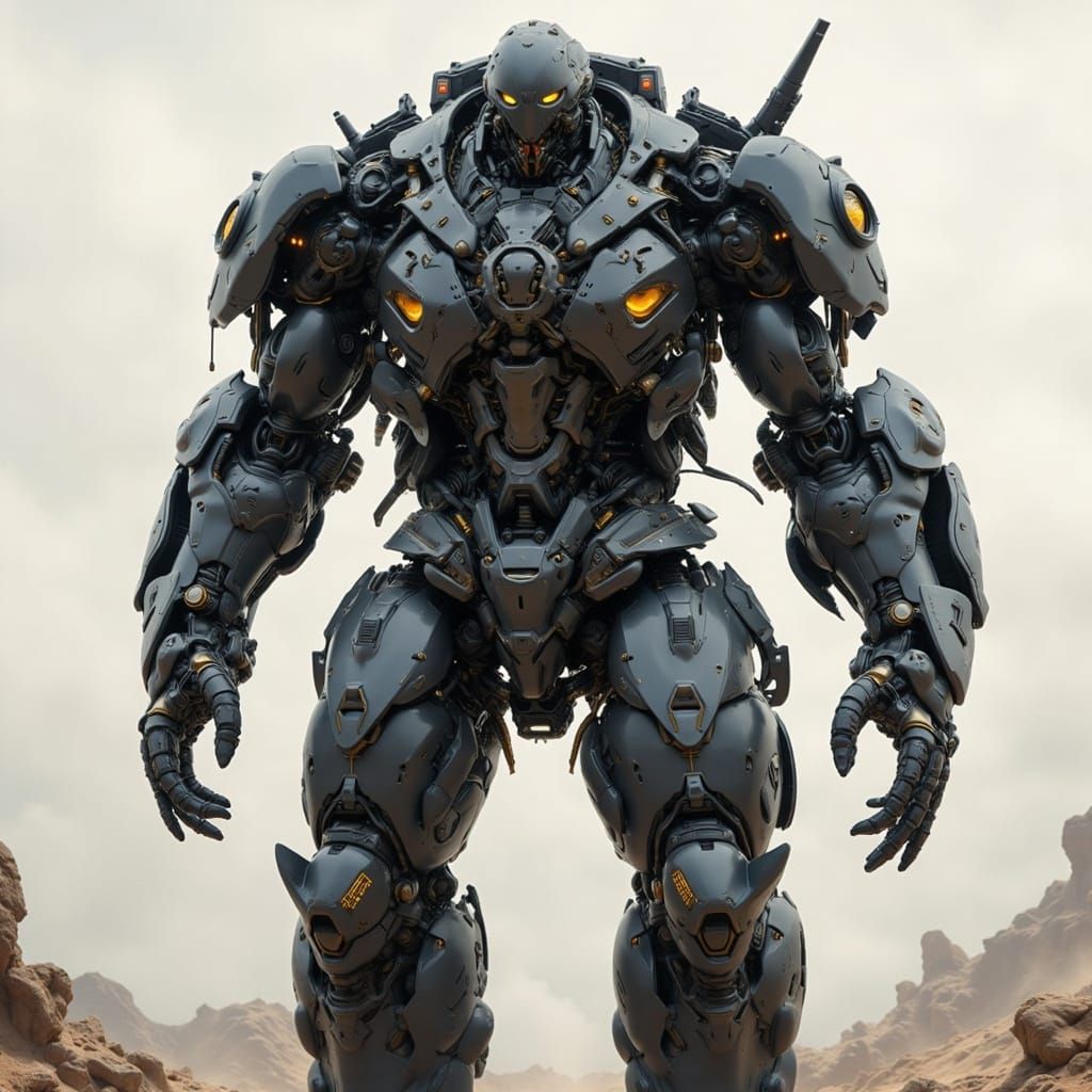 Mythic Heavy Mecha in Industrial Brutalist Style