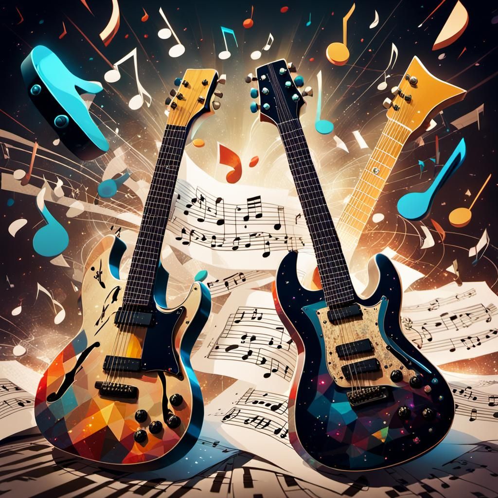 Guitars Merge in Electric 3D Video Game Art