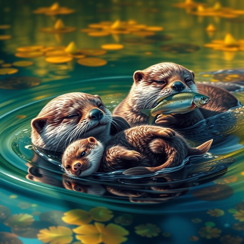 Otters and Cub in Lake: Splash Art Style