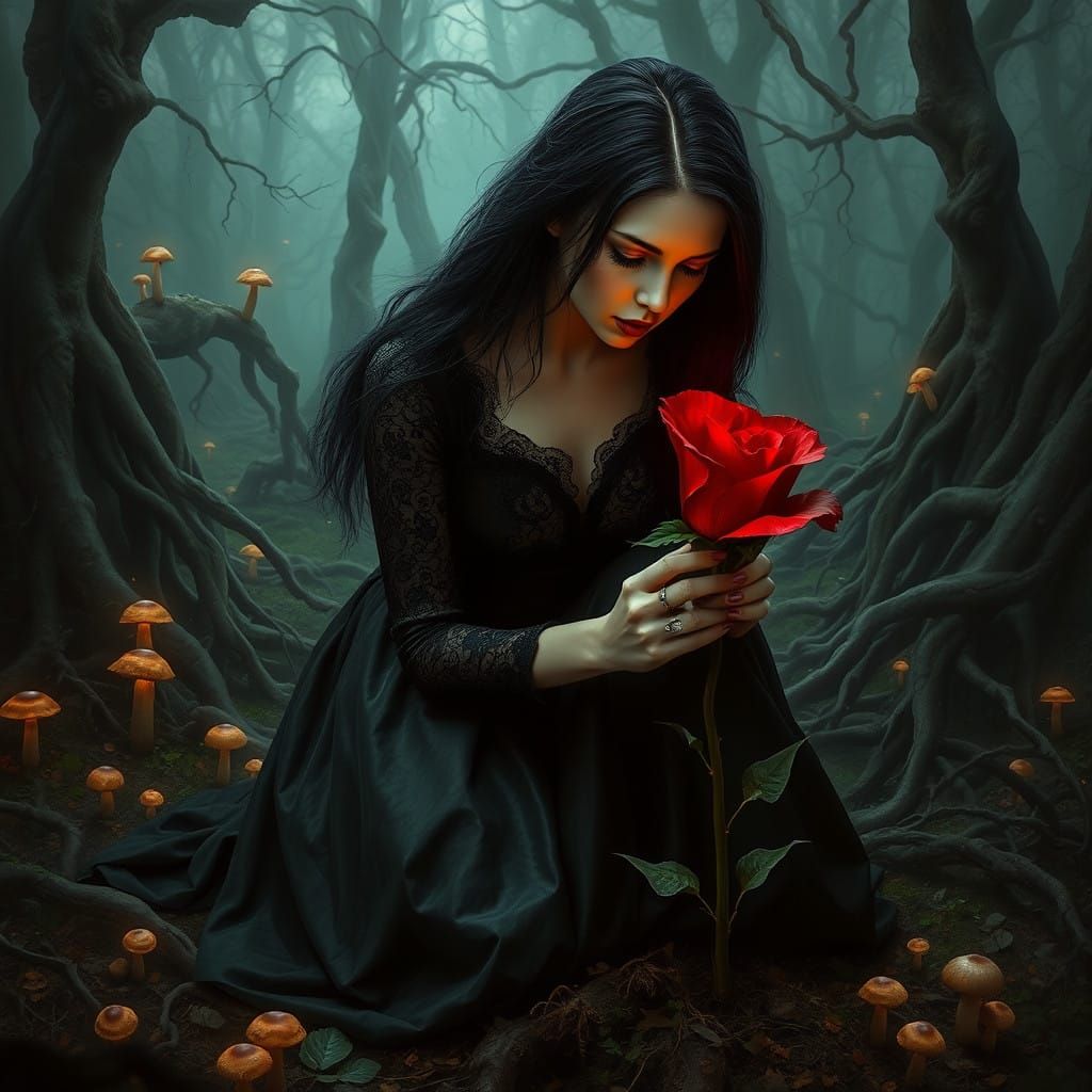 Mystic Woman in Dark Forest with Blood-Red Flower