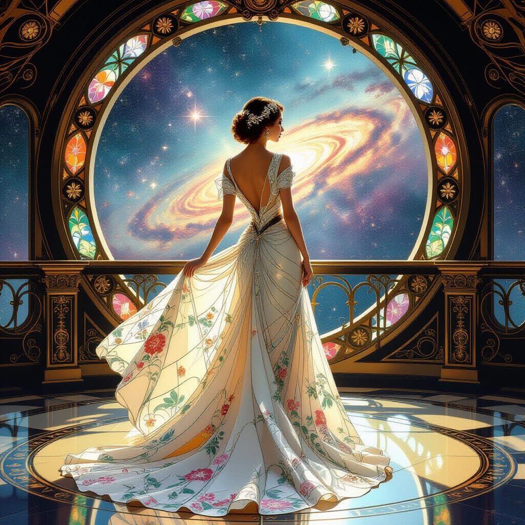 Art Nouveau Woman in Glass Gown on Spaceship Bridge