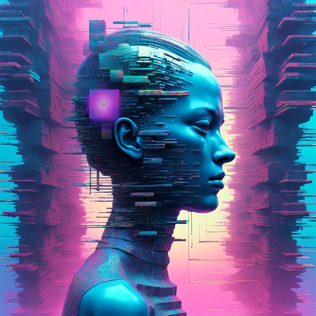 Hyperrealistic Holographic Figure with Vaporwave Glitch