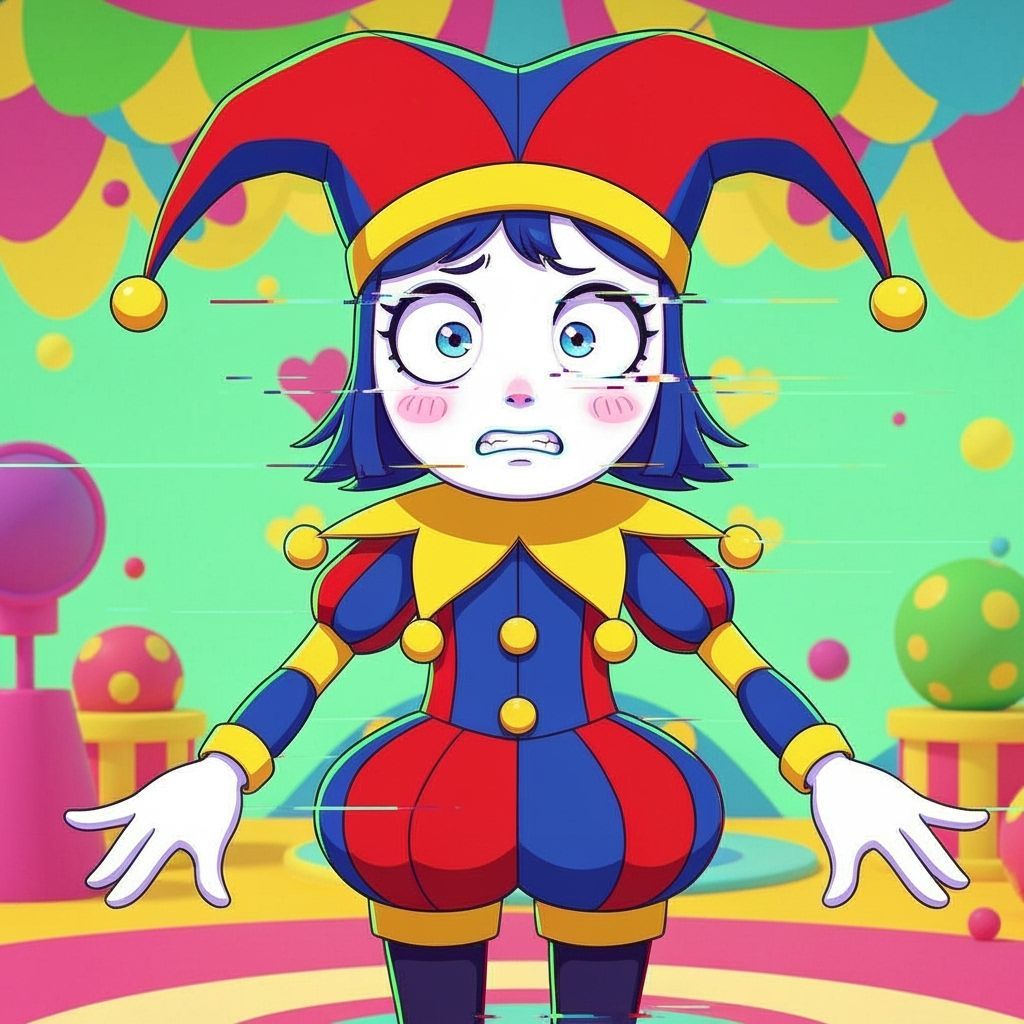 Anxious Jester Girl in Glitchcore Digital World
