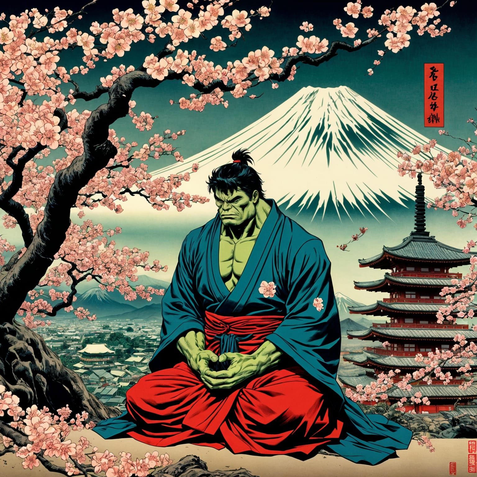 Hulk Meditating in Kimono Under Cherry Tree, Ukiyo-e Style