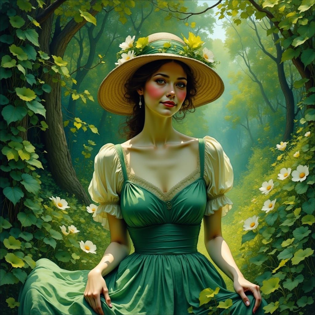 Scarlett O'Hara in a Vibrant Green Dress, Lost in Thought in...
