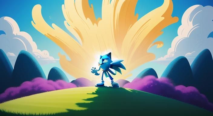 Sonic on Grassy Hill in Vibrant Cartoon Style
