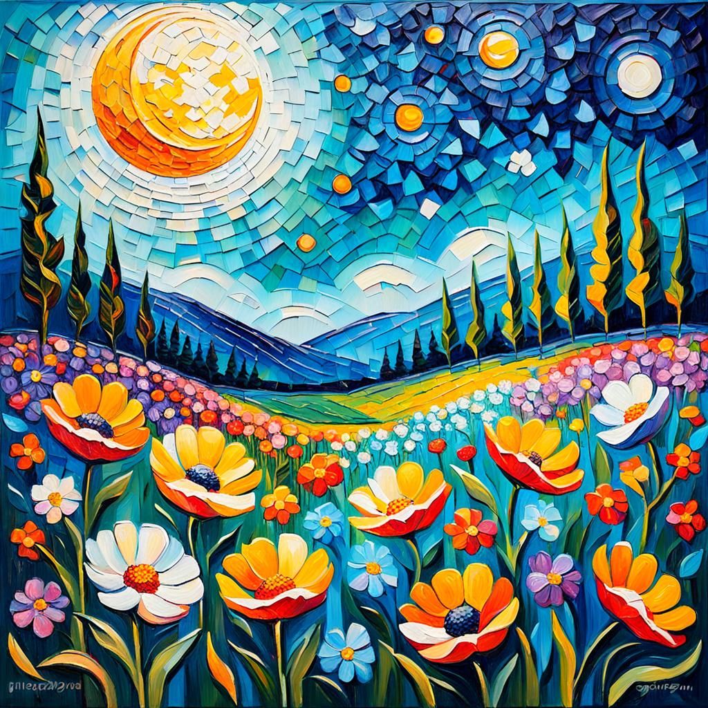 Moonlit Flowers in Expressionist Impasto Style