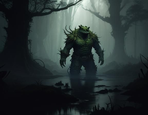 Bullywug in Foggy Swamp, Dark Fantasy Concept Art