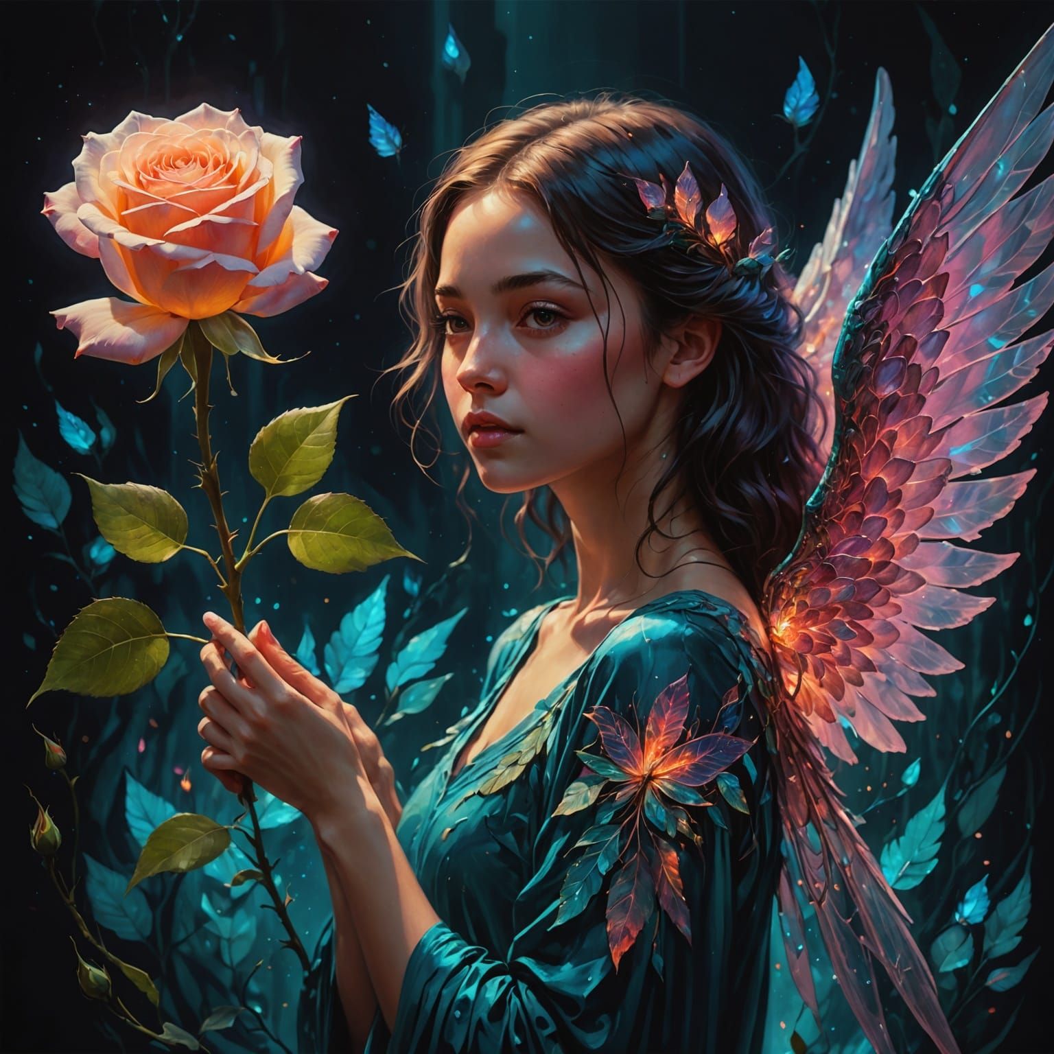 Bioluminescent Winged Girl Holding Rose
