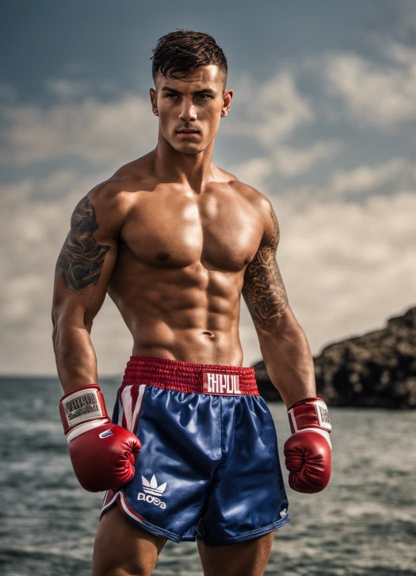 British Boxer Portrait with Ocean Backdrop