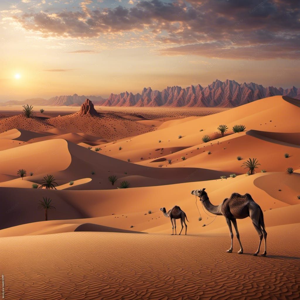Desert Sunset with Camel and Cactus