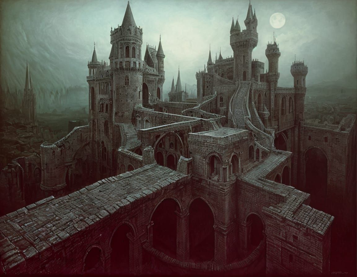 Surreal Castle with Drawbridges in Dreamlike Landscape