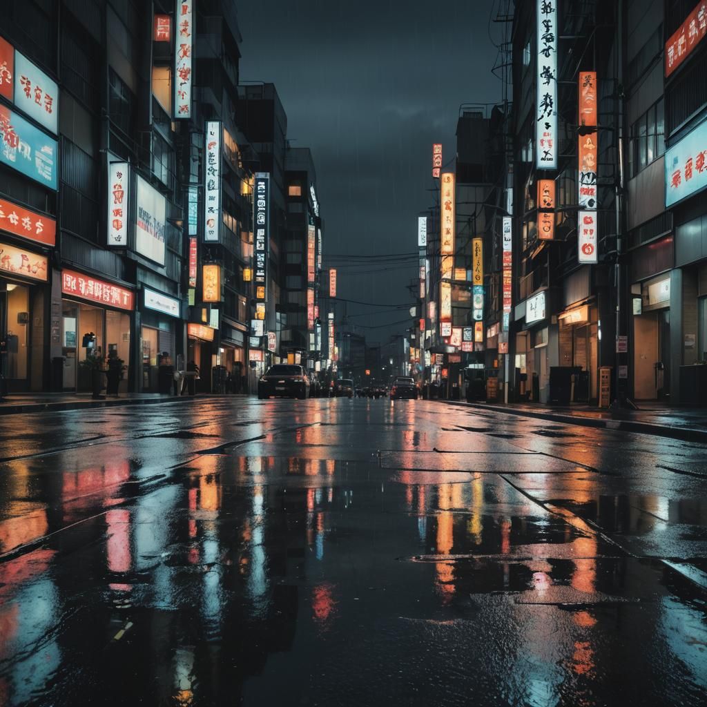 Rainy Japanese Cityscape Reflection in Twilight
